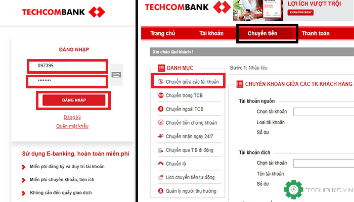 Bước 1: Đăng nhập techcombank và chọn chuyển giữa các tài khoản