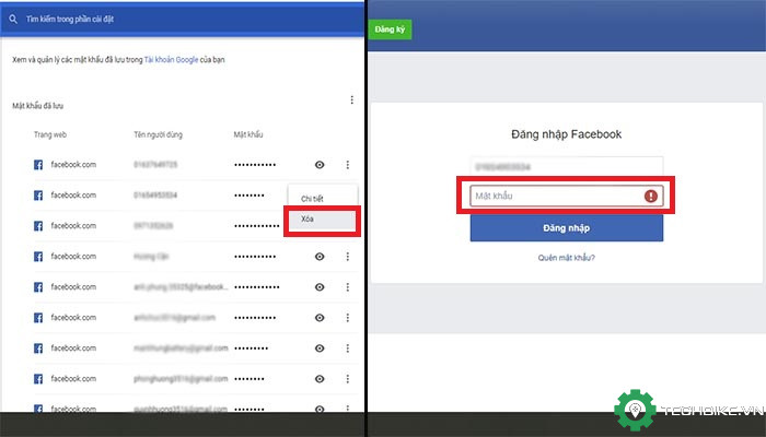 Bước 3: Chọn xóa và đăng nhập lại tài khoản facebook