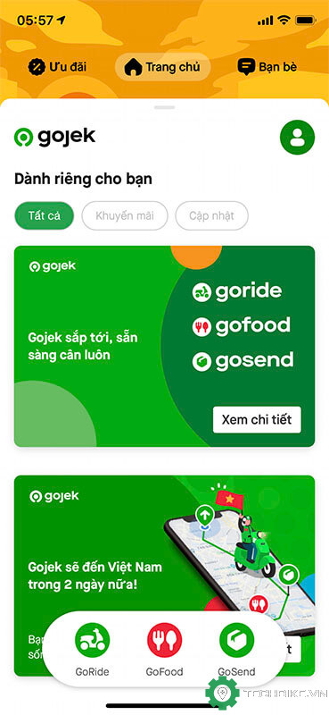 Màn hình chính ứng dụng Gojek