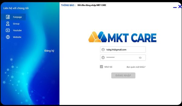 Đăng nhập tài khoản lên phần mềm chia sẻ facebook MKT Care