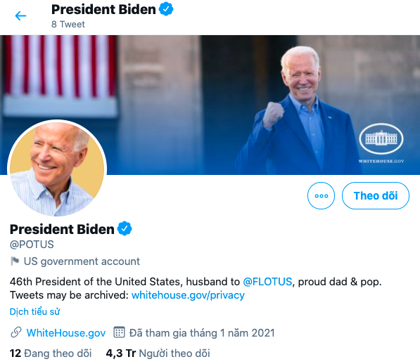 Tài khoản Twitter của Tổng thống Mỹ Joe Biden hiện có hơn 4,3 triệu lượt theo dõi.
